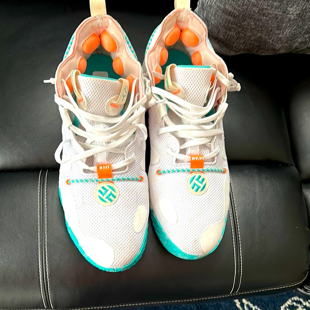 Adidas size 18 white green and orange James harden low tops